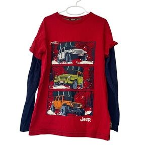 Fat face Jeep Red blue Kids Long Sleeve Shirt Sz 10-11
